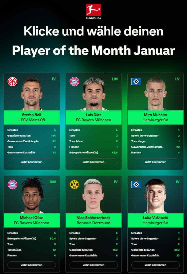 体育赛事-德甲1月最佳候选：奥利塞、迪亚斯、施洛特贝克、武什科维奇领衔